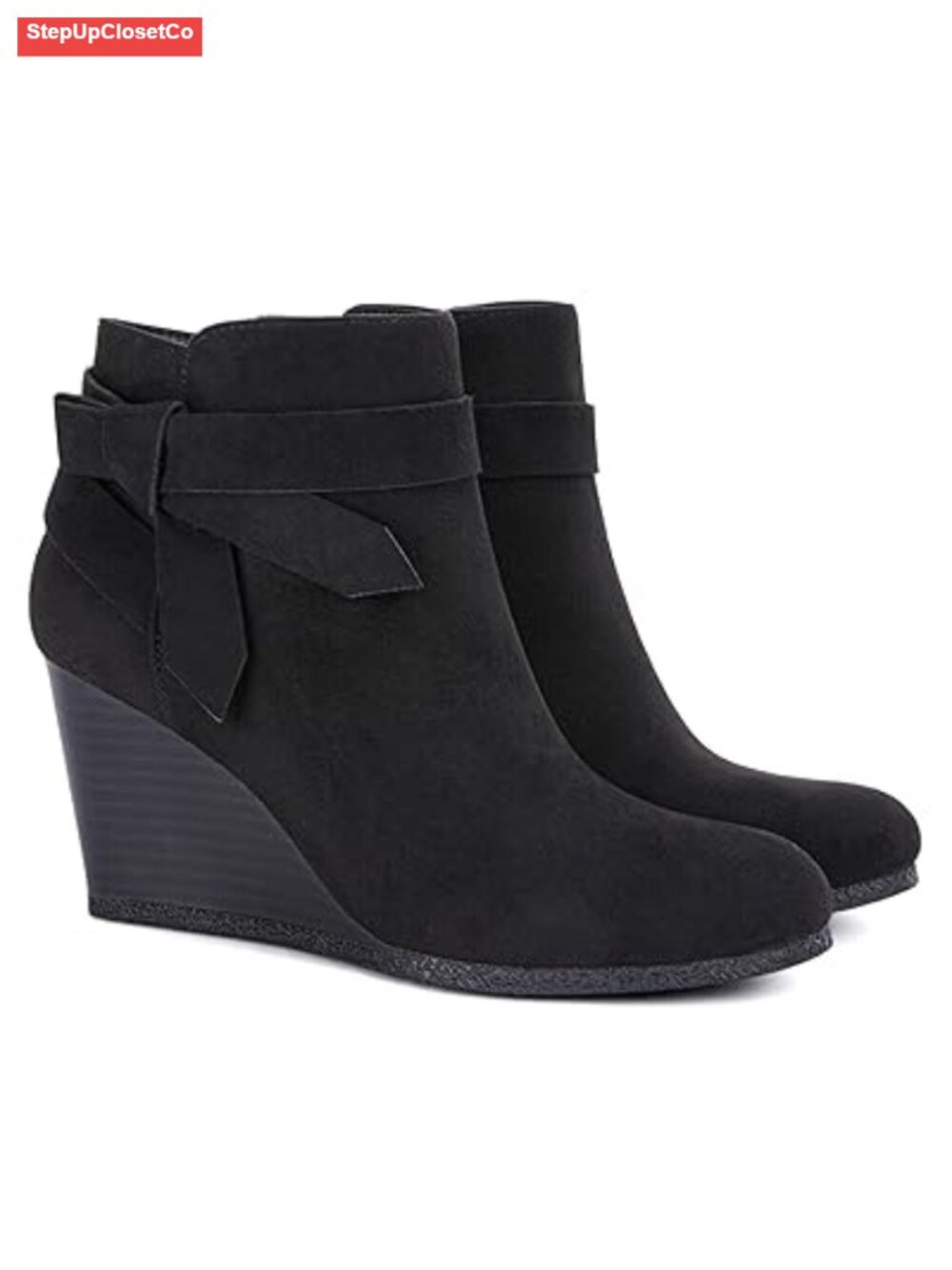Womens Wedge Booties Faux Suede Ankle Boots Stacked Heel Tie Knot